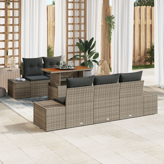 6-Delige Tuindining Set Met Kussens Grijs Poly Rattan Acacia